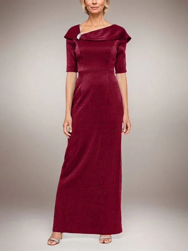 Long Shimmer Column Dress with Foldover Cuff L-Neckline and Elbow Sleeves by Dreamylily