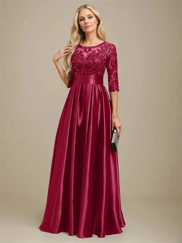 A-line Scoop Illusion Floor-Length Stretch Satin Lace Mother of the Bride Dress With Bow Sequins by Dreamylily