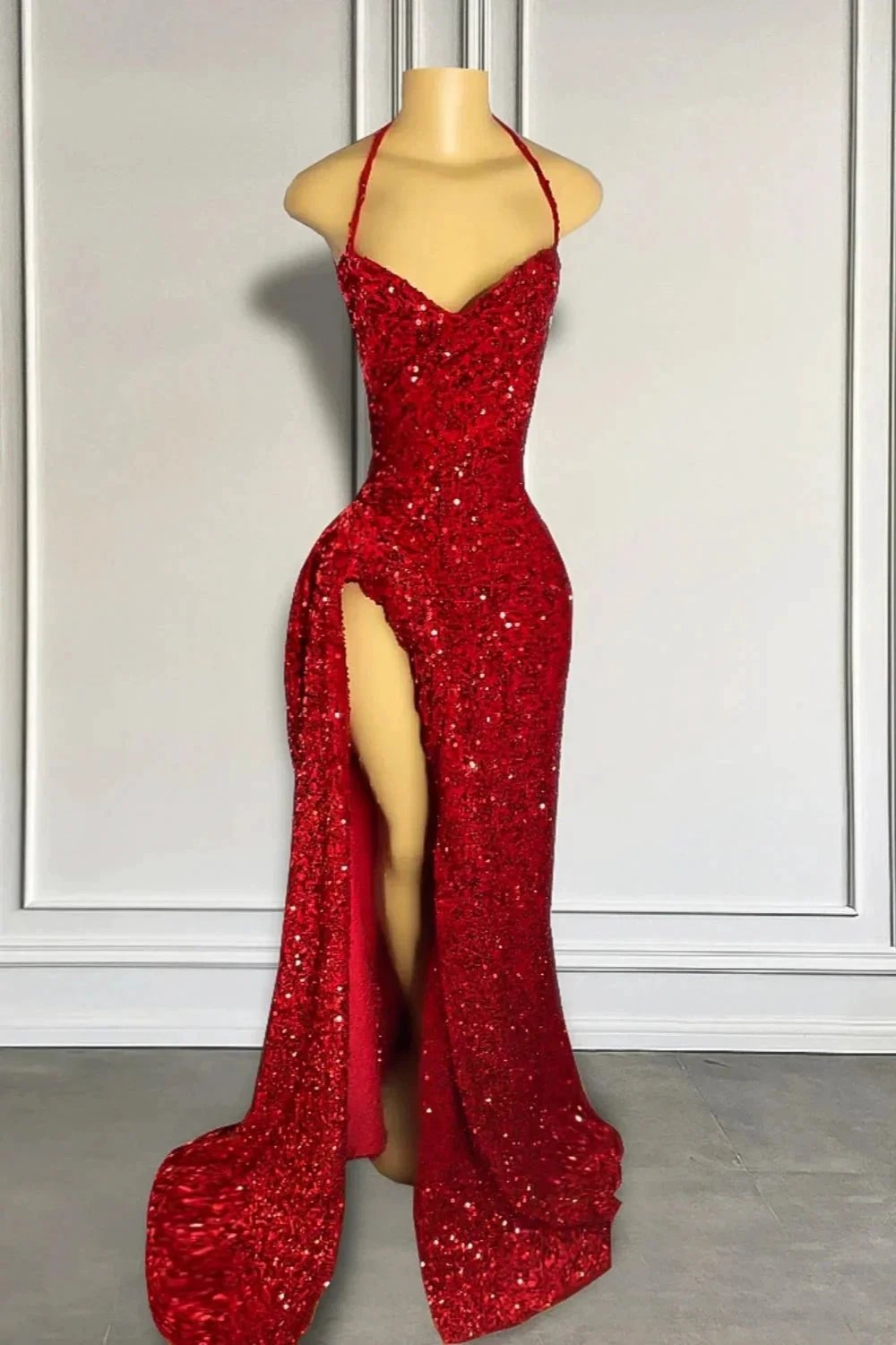 Fabulous V-Neck Spaghetti Straps Split Front Sleeveless Sequined Mermaid Prom Dresses by BIZTUNNEL