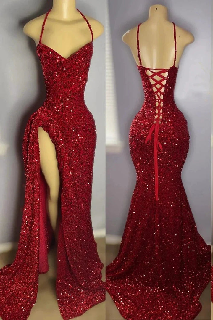 Fabulous V-Neck Spaghetti Straps Split Front Sleeveless Sequined Mermaid Prom Dresses by BIZTUNNEL
