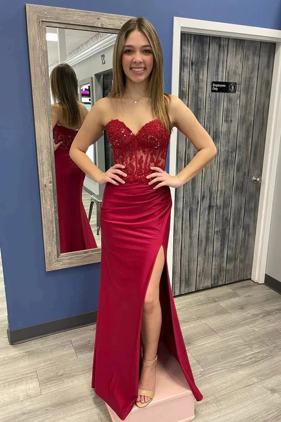 Burgundy Strapless Mermaid Appliques StraplessProm Dress with Slit PSK467 by pgmdress