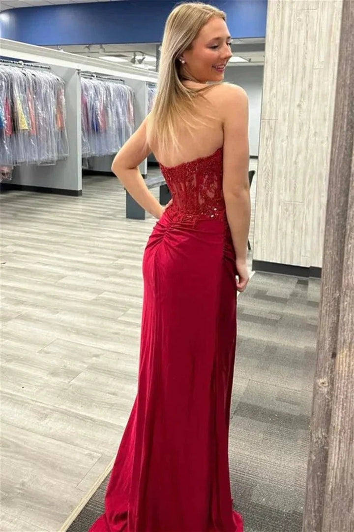 Burgundy Strapless Mermaid Appliques StraplessProm Dress with Slit PSK467 by pgmdress