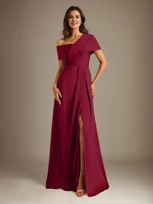 A-Line Asymmetrical Neckline Floor-Length Satin Mother of the Bride Dress With Pleated by Dreamylily