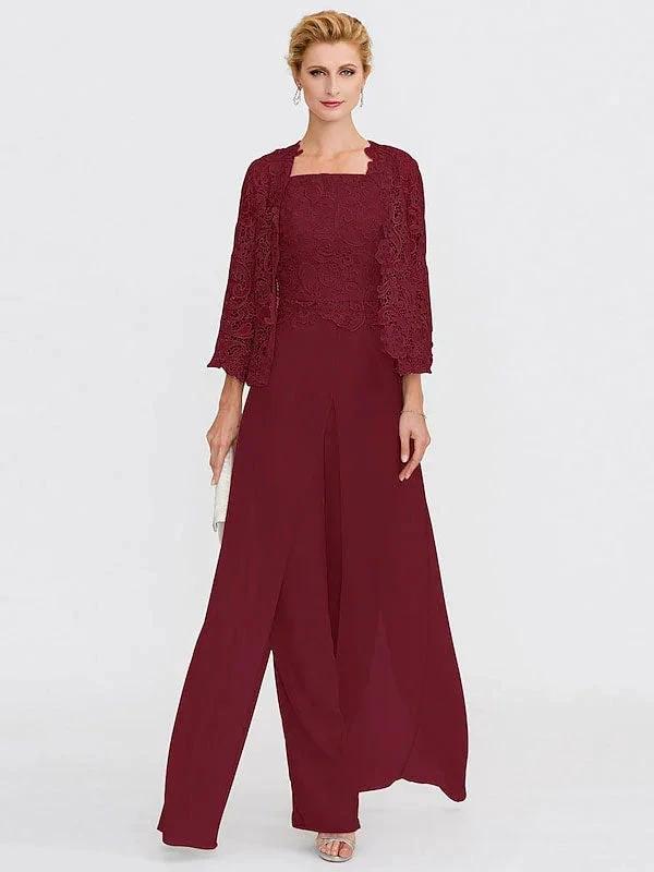 3 Piece Chiffon Square Neck Mother of the Bride Pantsuits with Jacket by Dreamylily