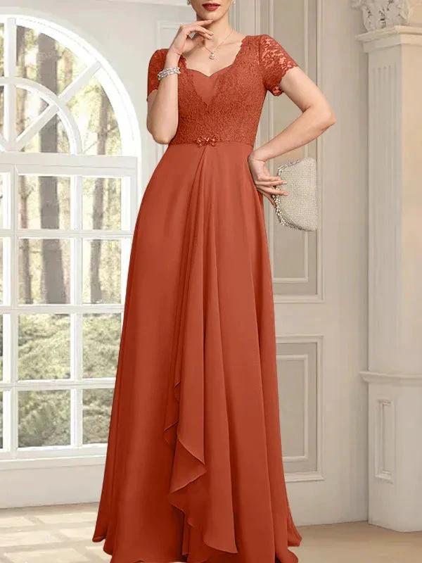 A-line Sweetheart Floor-Length Chiffon Lace Mother of the Bride Dress With Beading Cascading Ruffles by Dreamylily