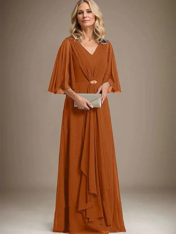A-line V-Neck Floor-Length Chiffon Mother of the Bride Dress With Cascading Ruffles Crystal Brooch by Dreamylily