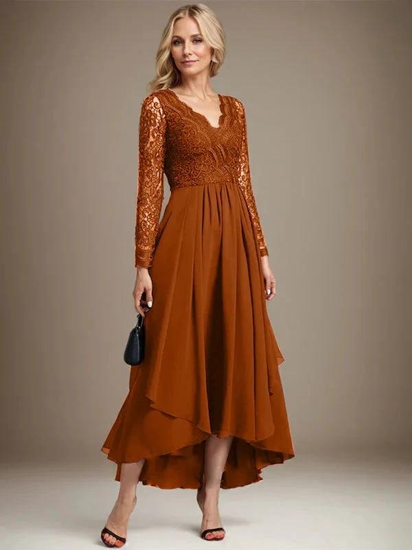 A-line V-Neck Asymmetrical Lace Chiffon Mother of the Bride Dress by Dreamylily