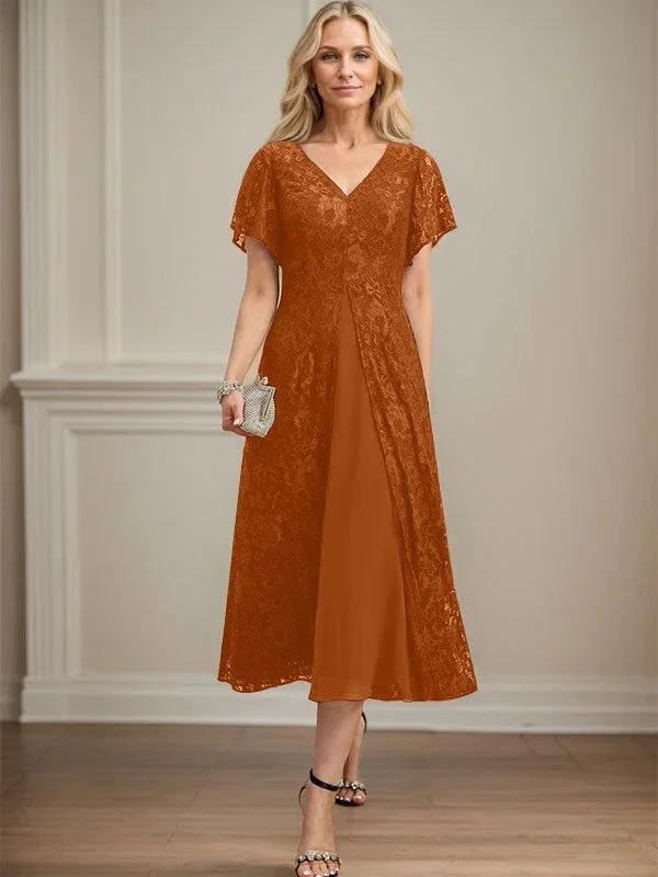 A-line V-Neck Tea-Length Lace Chiffon Mother of the Bride Dress by Dreamylily