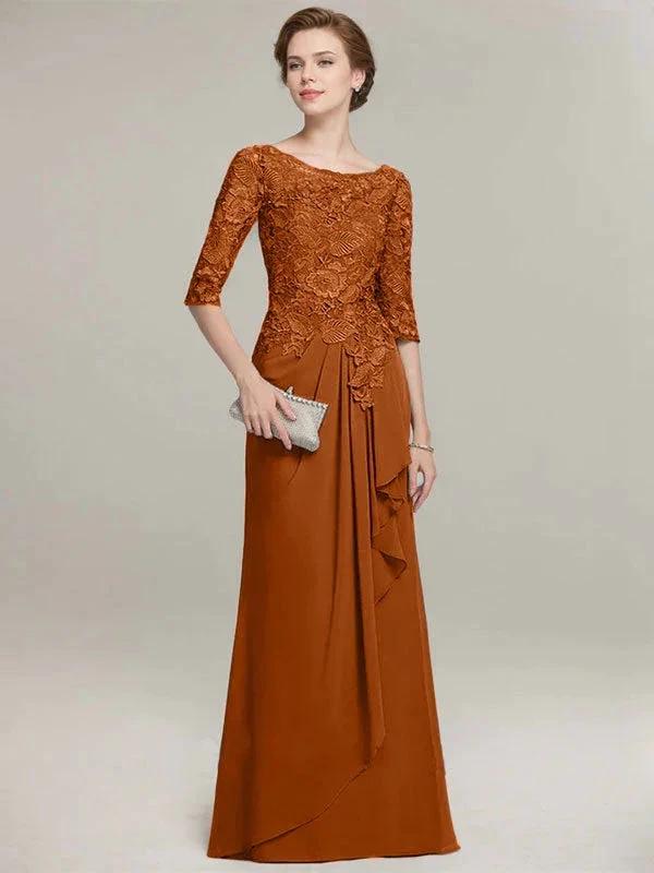 A-line Scoop Illusion Floor-Length Lace Chiffon Mother of the Bride Dress With Cascading Ruffles by Dreamylily