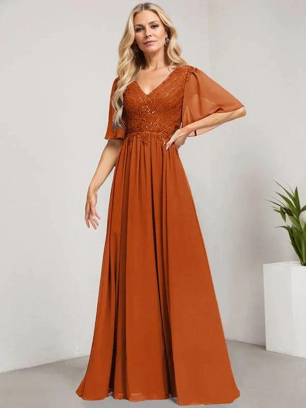 A-line V-Neck Floor-Length Lace Chiffon Mother of the Bride Dress With Sequins by Dreamylily