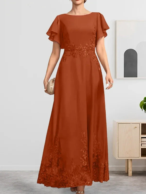 Abito da madre della sposa in chiffon di pizzo con scollo a U, lunghezza alla caviglia, linea a trapezio, con paillettes