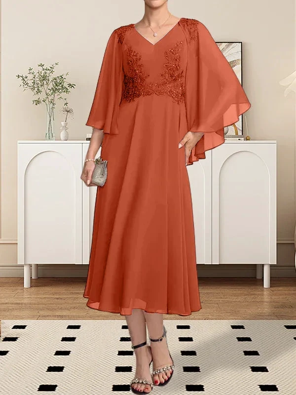 A-line V-Neck Tea-Length Chiffon Lace Mother of the Bride Dress With Beading Sequins by Dreamylily