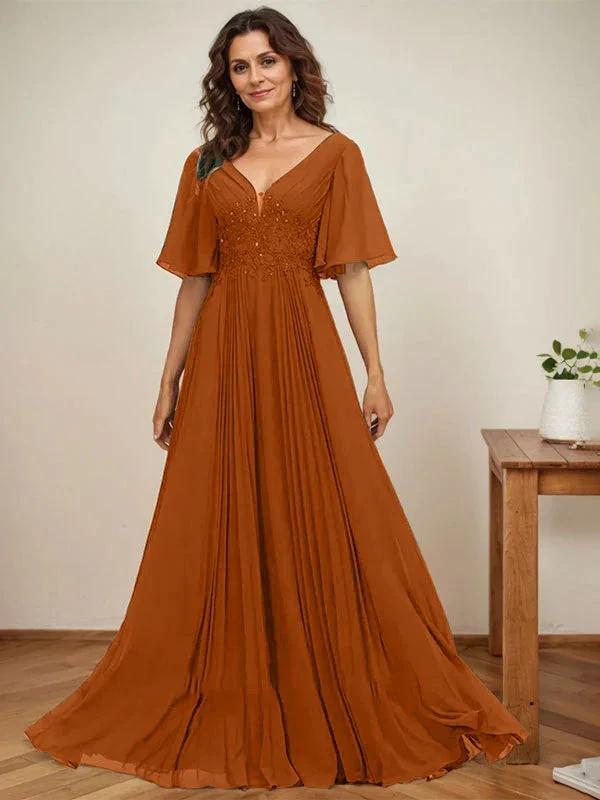 A-line V-Neck Floor-Length Chiffon Mother of the Bride Dress With Sequins Appliques Lace Pleated by Dreamylily