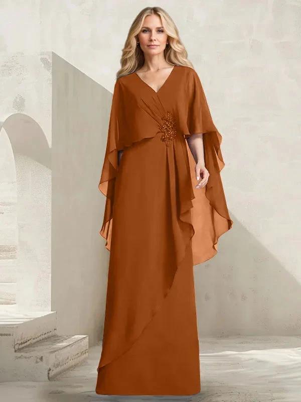 A-line V-Neck Floor-Length Chiffon Mother of the Bride Dress With Cascading Ruffles Beading by Dreamylily