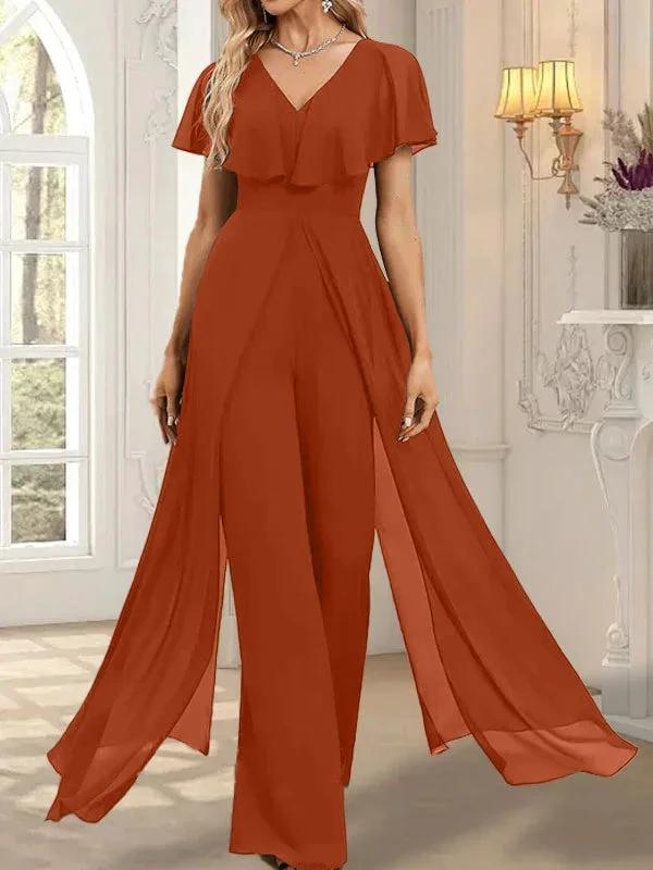 Jumpsuit/Pantsuit V-Neck Floor-Length Chiffon Evening Dress by Dreamylily