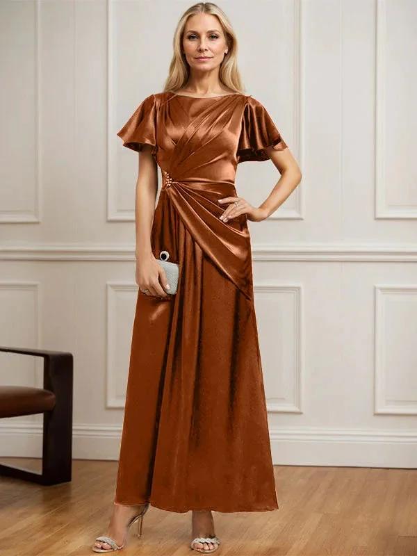 A-line Scoop Ankle-Length Stretch Satin Mother of the Bride Dress With Pleated Beading by Dreamylily