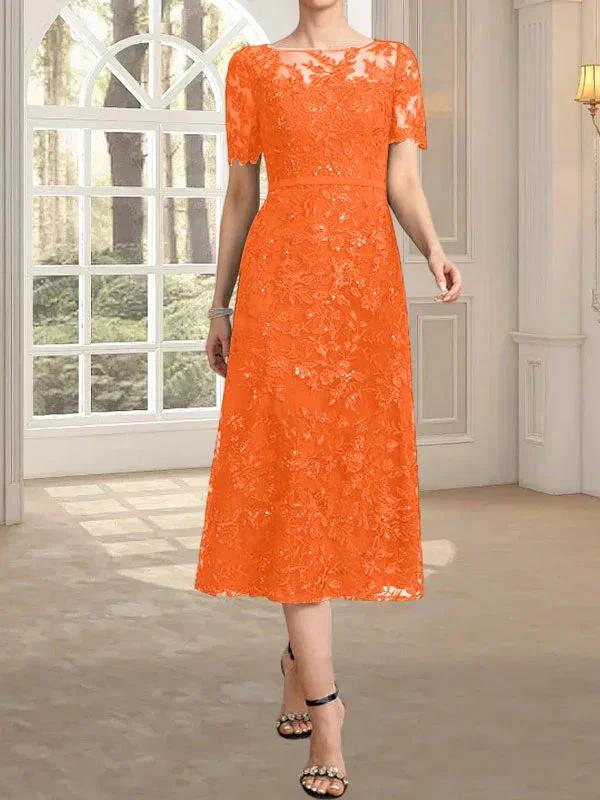 A-line Scoop Illusion Tea-Length Lace Mother of the Bride Dress With Sequins by Dreamylily