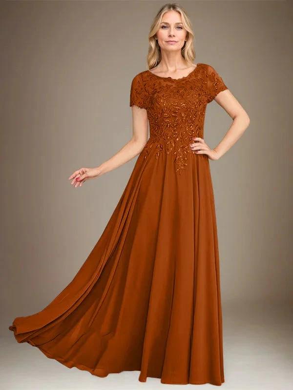 A-Line Scoop Floor-Length Chiffon Mother of the Bride Dress With Applique &amp; Sequins by Dreamylily