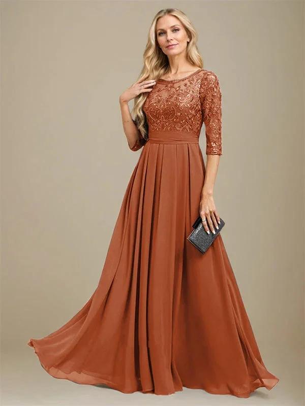 A-Line Scoop Floor-Length Lace Chiffon Mother Of the Bride Dress With Sequins Applique by Dreamylily