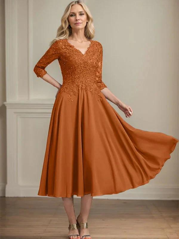 A-line V-Neck Tea-Length Chiffon Lace Mother of the Bride Dress With Beading Sequins by Dreamylily