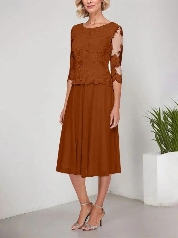 A-line Scoop Tea-Length Lace Chiffon Mother of the Bride Dress With Embroidery by Dreamylily
