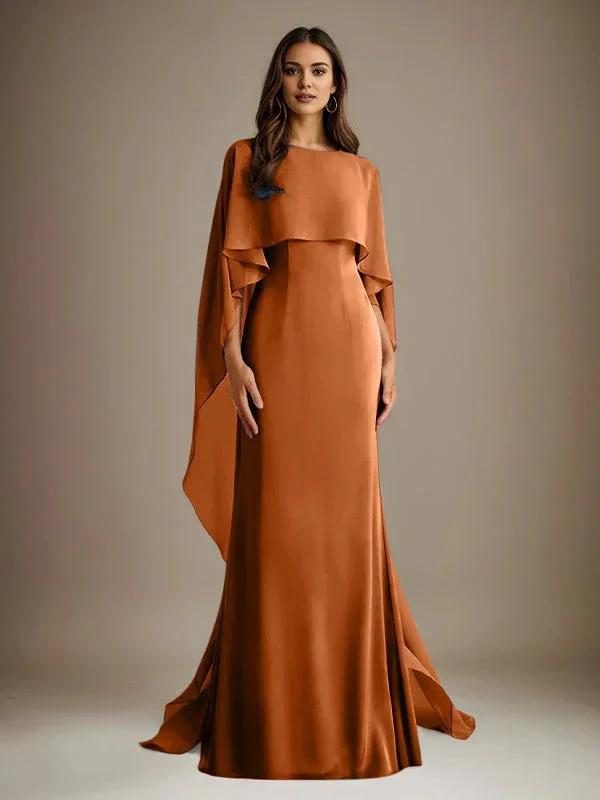 Sheath/Column Boatneck Floor-Length Chiffon Mother of the Bride Dress With Cascading Ruffles by Dreamylily