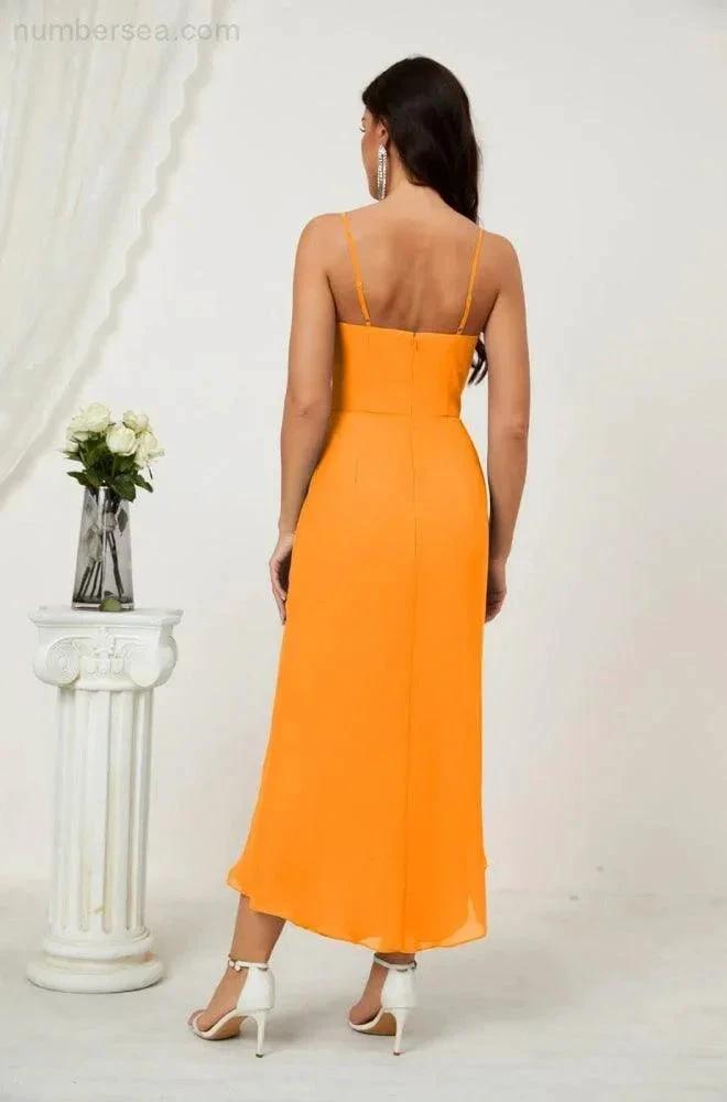 Numbersea Spaghetti Chiffon V Neck Bridesmaid Dress Mid-Length Slit Formal Prom Dress Homecoming Dress 2803 by numbersea