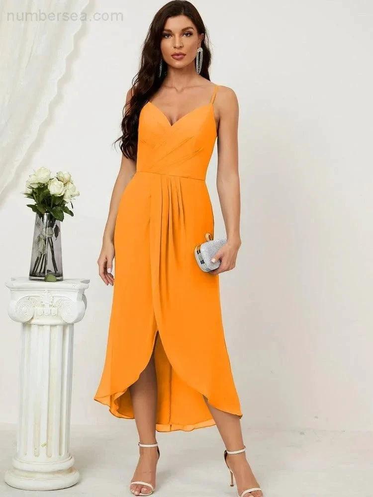 Numbersea Spaghetti Chiffon V Neck Bridesmaid Dress Mid-Length Slit Formal Prom Dress Homecoming Dress 2803 by numbersea