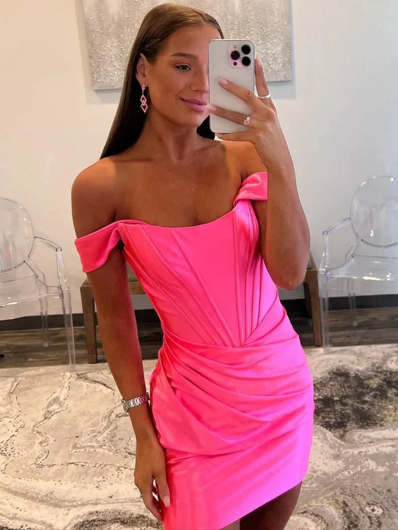 Sheath Off the Shoulder Short Satin Homecoming Dress Y2906 by simplepromdress
