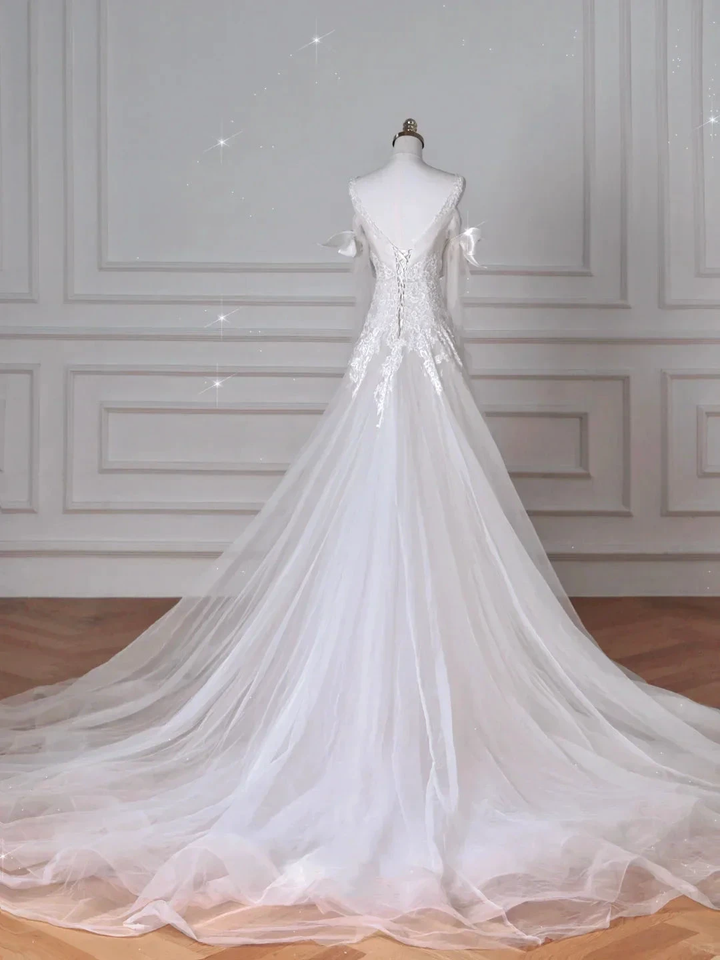 Fairy White V Neck Tulle Lace Appliques Mermaid Evening Dress,Long Wedding Dress Y8636 by simplepromdress