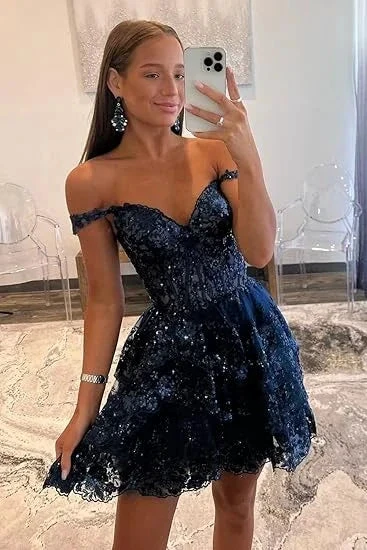 Navy Blue A-Line Sweetheart Lace Tiered Short Homecoming Dress Y8107 by simplepromdress