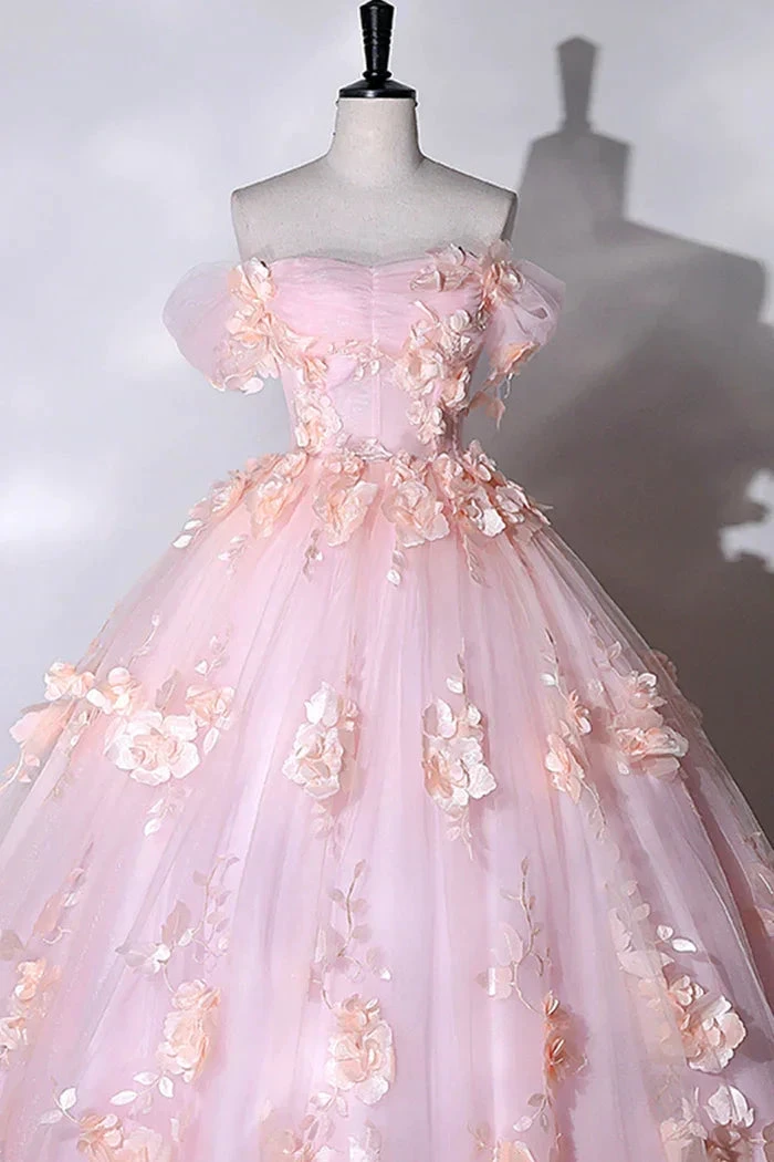 Pink Flowers Sweetheart Ball Gown Formal Dresses, Pink Long Sweet 16 Dresses Y6951 by simplepromdress