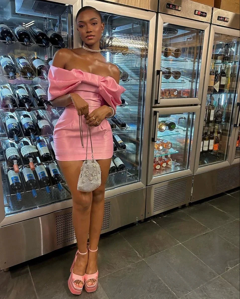 Pink Off The Shoulder Homecoming Dress Chic Pink Party Dress Y2262 by simplepromdress