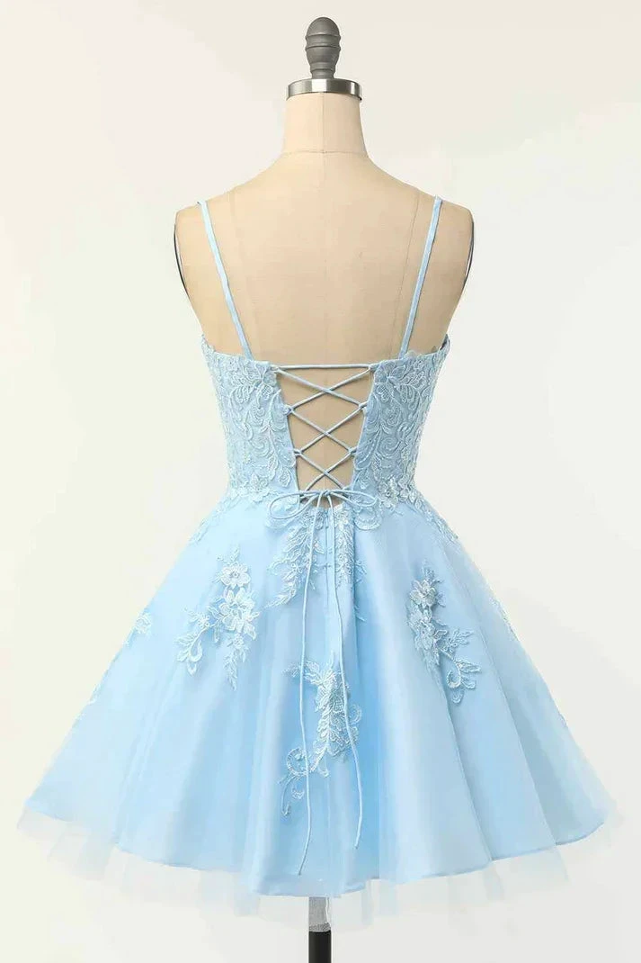 Light Blue A-line Spaghetti Straps Lace-Up Back Applique Mini Homecoming Dress Y2673 by simplepromdress