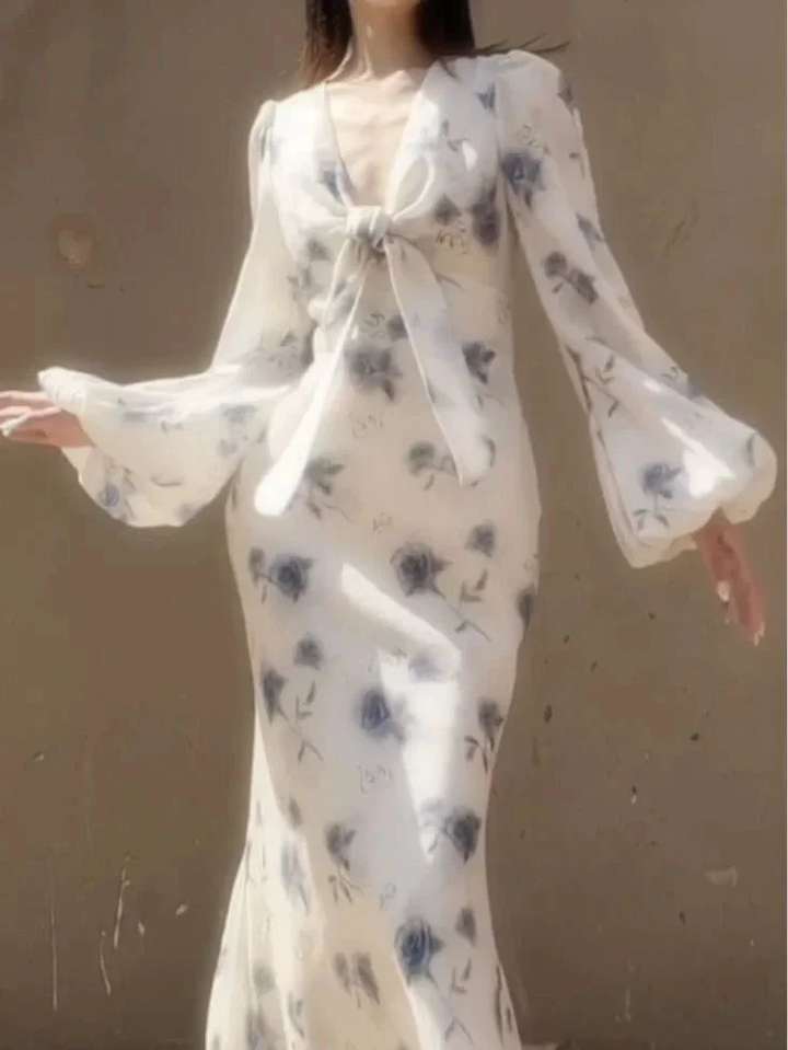 Elegant Ice Blue Rose Chiffon Print Floral Prom Dress Long Mermaid Evening Dress Y8407 by simplepromdress