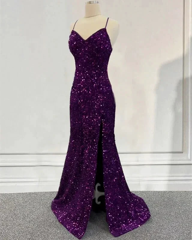 Dark Purple Prom Dress Sequin Mermaid Formal Evening Dress With Split Y5639 by simplepromdress