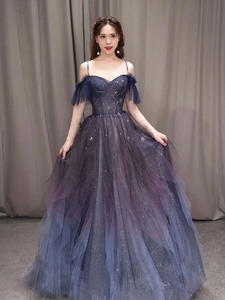 Dark starry sky purple tulle long prom dress A-line evening dress Y924 by simplepromdress