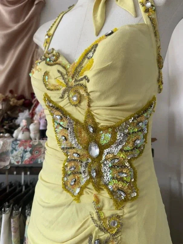 Elegant Yellow Mermaid Halter Neck Sequin Diamond Long Prom Dress Backless Slit Evening Dress Y8554 by simplepromdress
