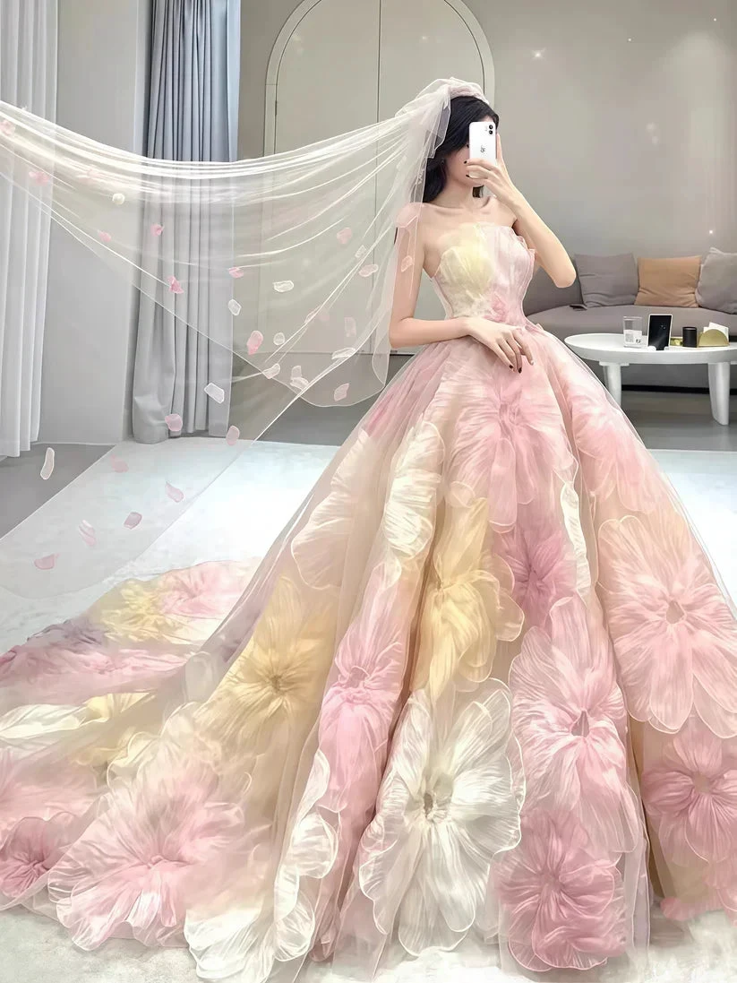 Dream Princess Floral Ball Gown, Strapless A-line Evening Prom Dress,Wedding Dress Y8289 by simplepromdress