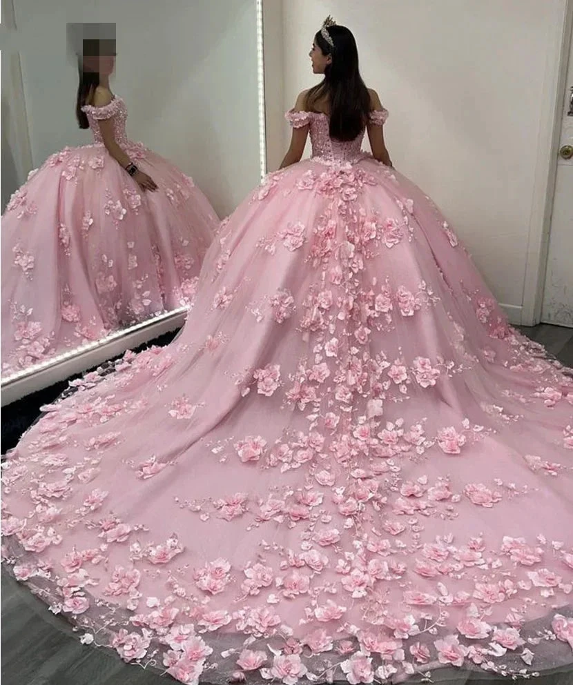 Pink Off Shoulder Ball Gown Quinceanera Dresses 3D Appliques Corset Dress Y6791 by simplepromdress