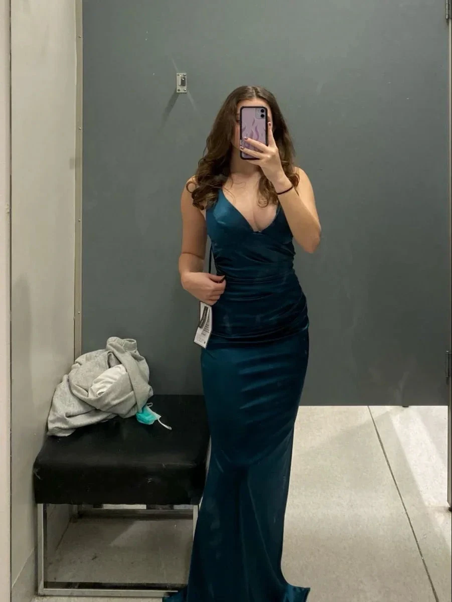 Long Formal Dress Womens Teal Strappy-back Satin Sleeveless Evening Dress Y2928 by simplepromdress