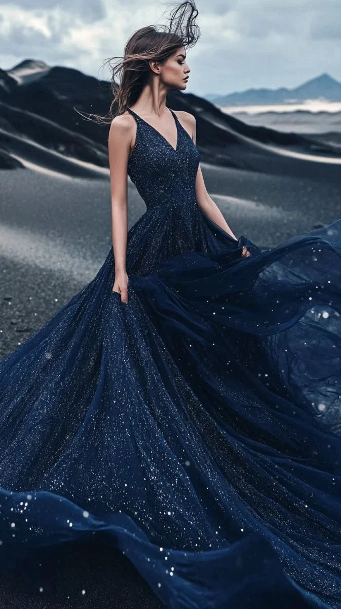 Gorgeous Sequin Tulle A Line Prom Dress,Navy Blue V Neck Evening Dress Wedding Dress Y8381 by simplepromdress