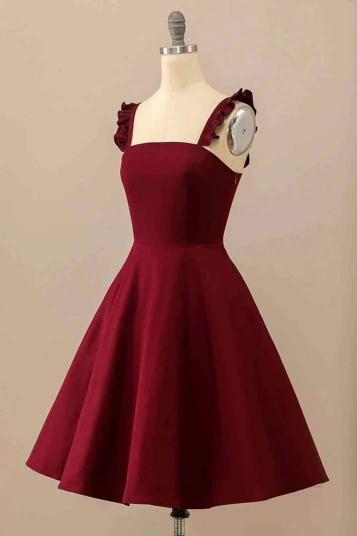 Burgundy A-line Ruffle Straps Satin Mini Homecoming Dress Y2176 by simplepromdress