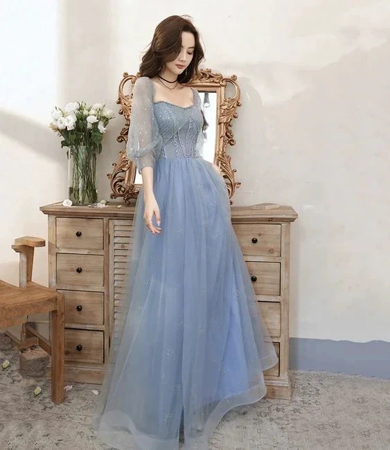 Blue tulle beaded long prom dress blue evening dress Y5835 by simplepromdress