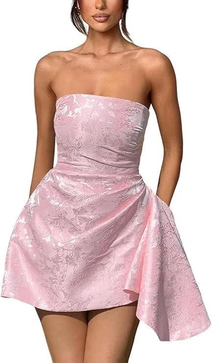 A-line Strapless Sleeveless Short Homecoming Dress Jacquard Satin Asymmetrical Lace up Party Dresses by Biztunnel