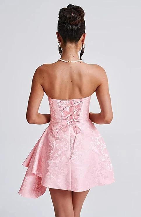 A-line Strapless Sleeveless Short Homecoming Dress Jacquard Satin Asymmetrical Lace up Party Dresses by Biztunnel