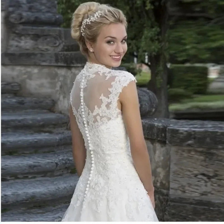 Cap Sleeve Wedding Dresses Amazing Neck Vestidos De Novia Appliques Vestido De Noiva Lace Robe De Mariée by payinti