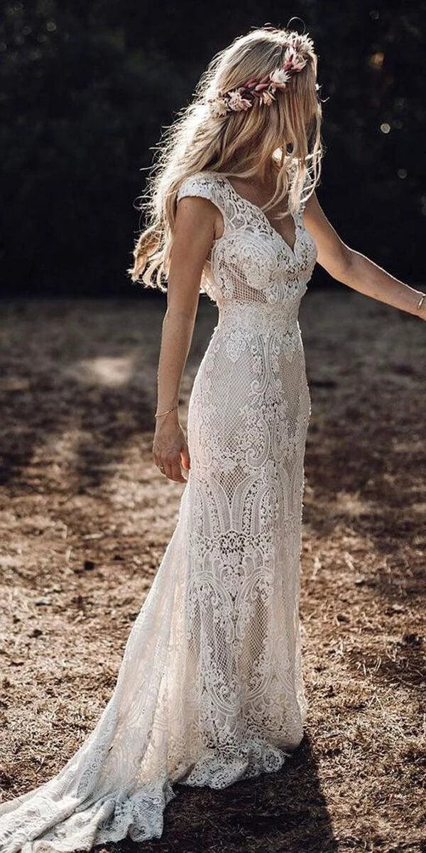 Cap Sleeve Sheath Boho Wedding Dresses Vintage Lace Rustic Wedding Dress MW314 by Musebridals