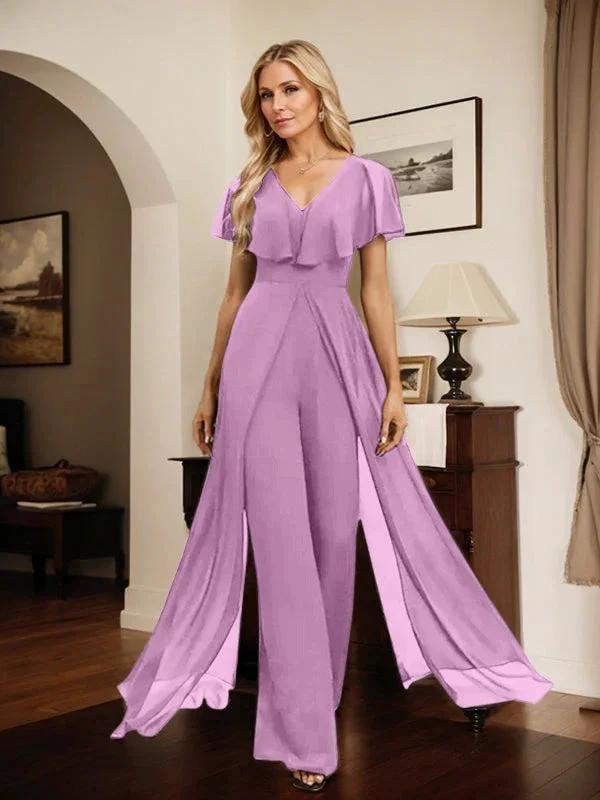 Jumpsuit/Pantsuit V-Neck Floor-Length Chiffon Evening Dress by Dreamylily