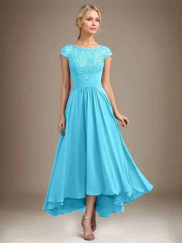 A-line Scoop Illusion Asymmetrical Lace Chiffon Mother of the Bride Dress With Pleated by Dreamylily